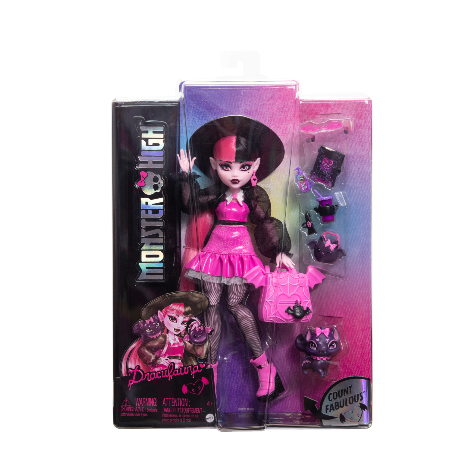 Monster high - draculaura, bambola dal look mostruoso con gatto-pipistrello conte favoloso e accessori inclusi - Monster High