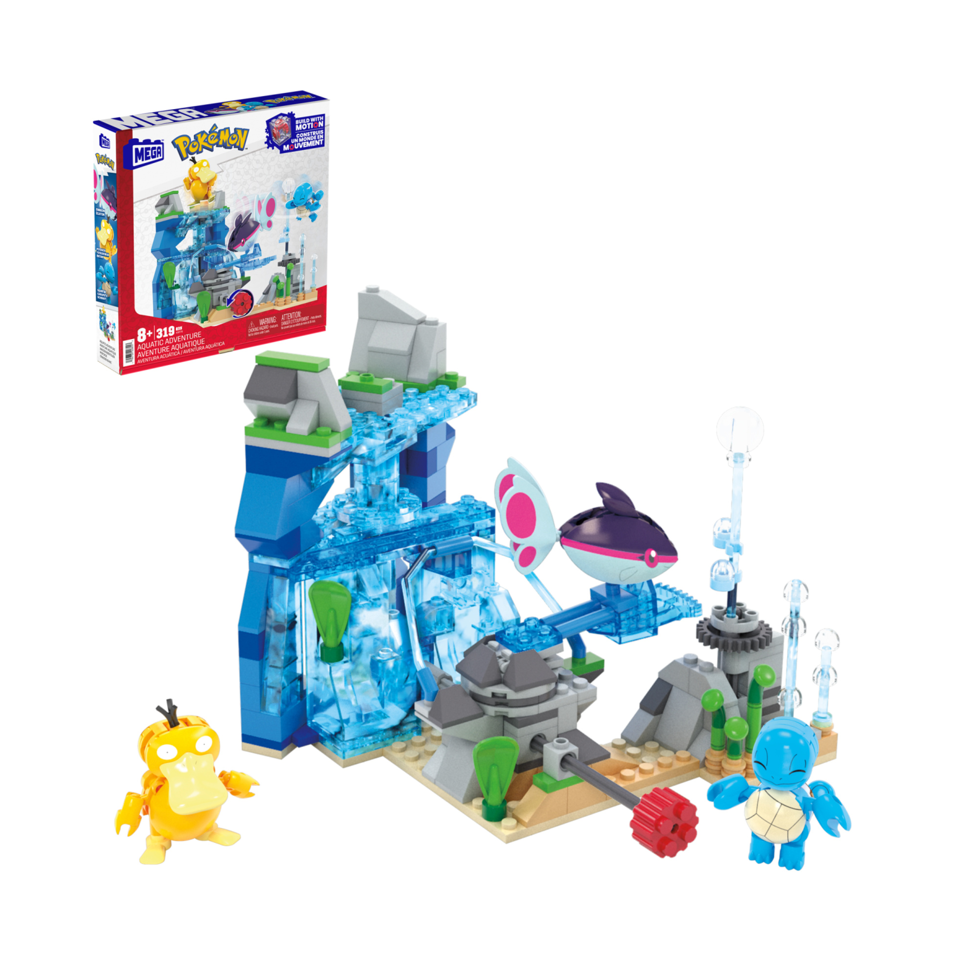 Mega pokémon - avventura acquatica, set da costruire con 319 pezzi, squirtle, psyduck e finneon inclusi - POKEMON