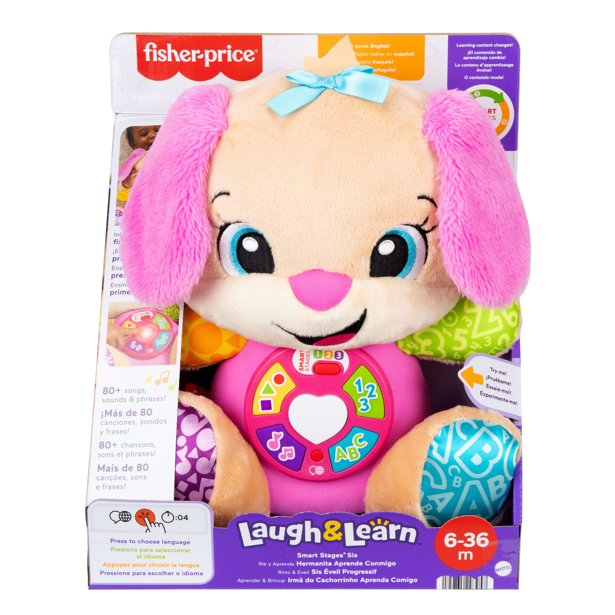Fisher-price - la sorella di cagnolino smart stages, peluche rosa musicale per l'apprendimento con luci, suoni e frasi - FISHER-PRICE