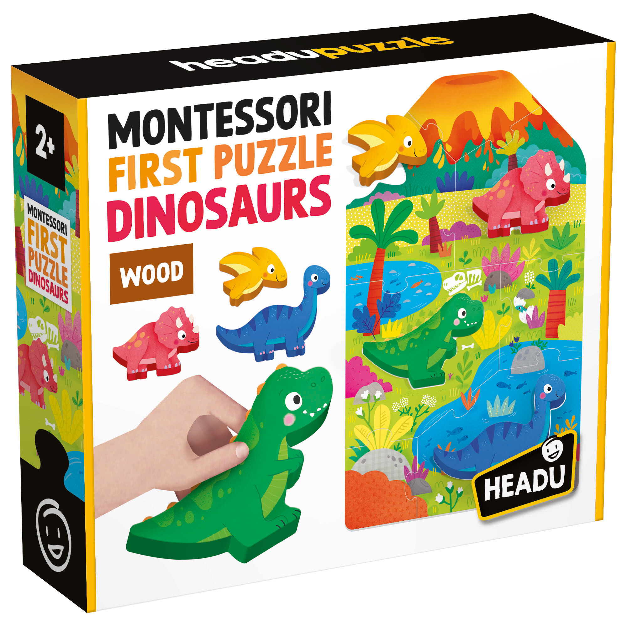 Montessori first puzzle dinosaurs - grandi pezzi e grandi sagome di legno. memoria, forme e colori - HEADU