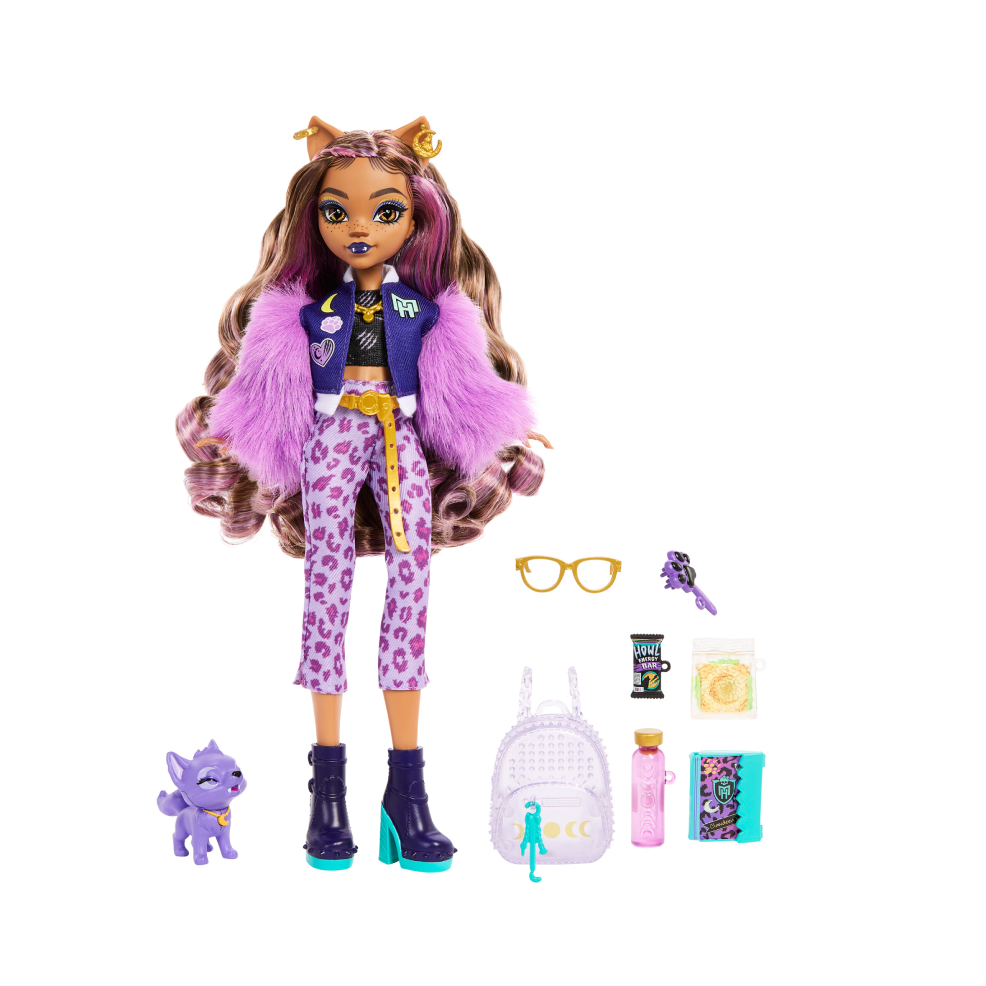 Monster high - clawdeen wolf, bambola dal look mostruoso con cucciolo crescent e accessori inclusi - Monster High
