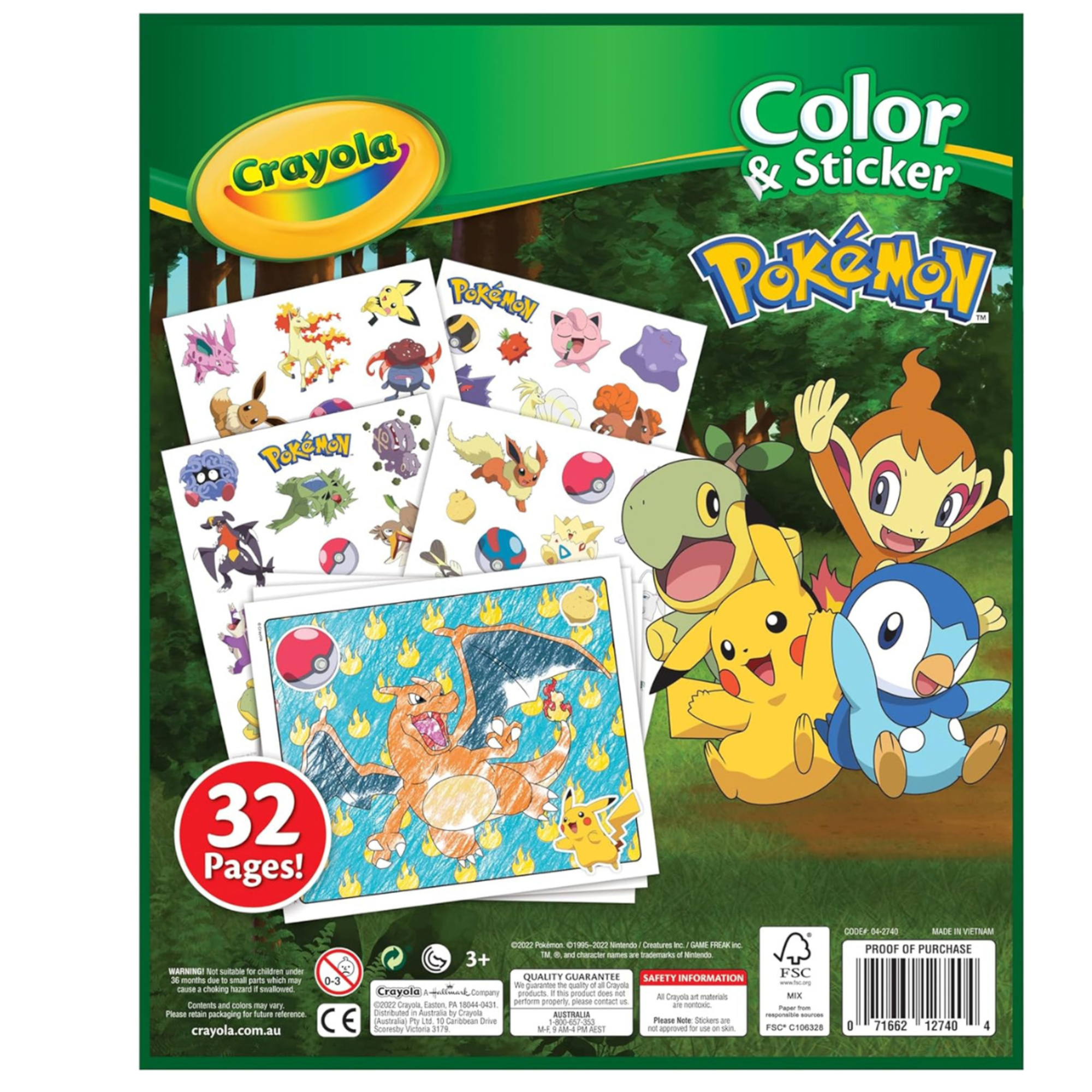 Crayola - album da colorare con sticker pokemon, 32 pagine divertenti e 4 fogli di adesivi inclusi, 04-2740 - POKEMON