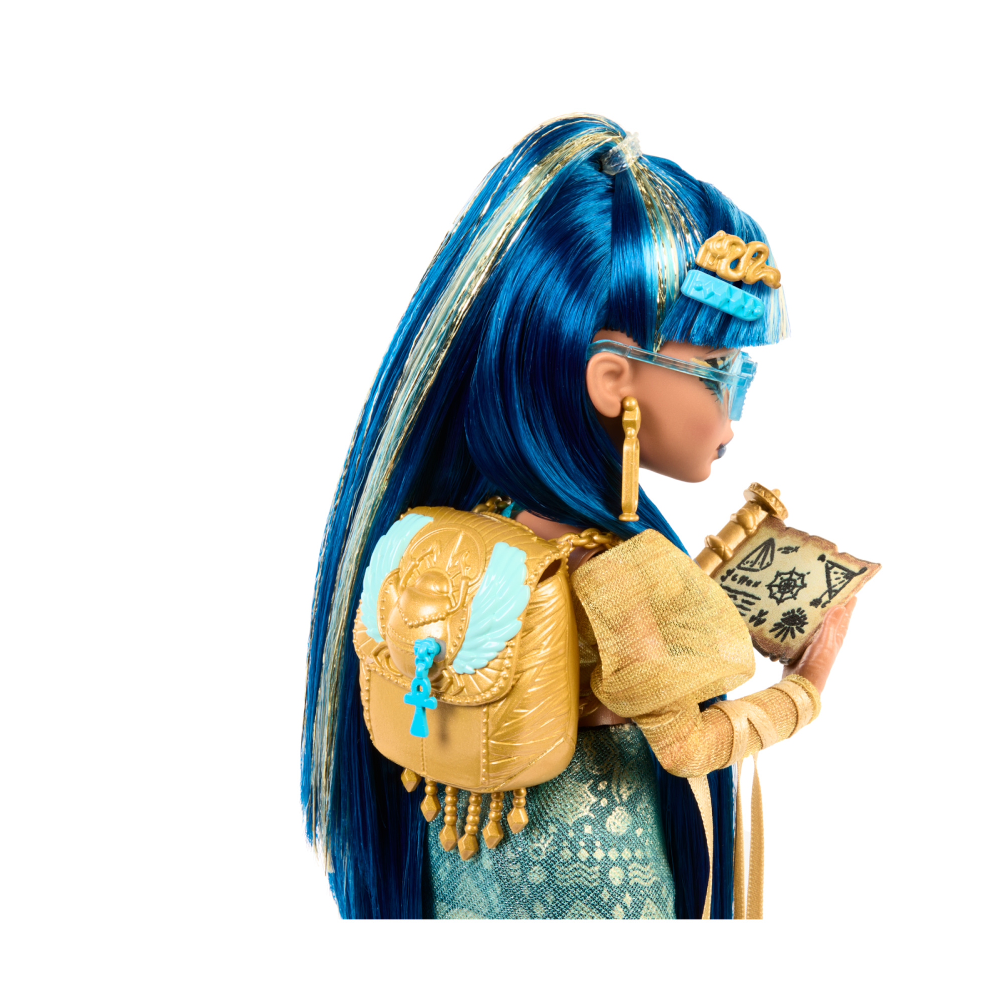 Monster high - cleo de nile, bambola con camicetta dorata e gonna a strati, cucciolo di cobra hissette e accessori - Monster High