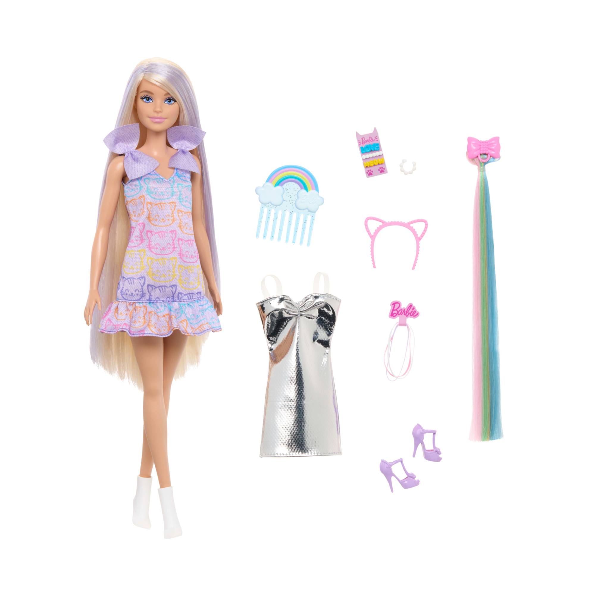 Barbie - bambola fun & fancy, con lunghissimi capelli biondi ed extension, abito metalizzato color argento - Barbie