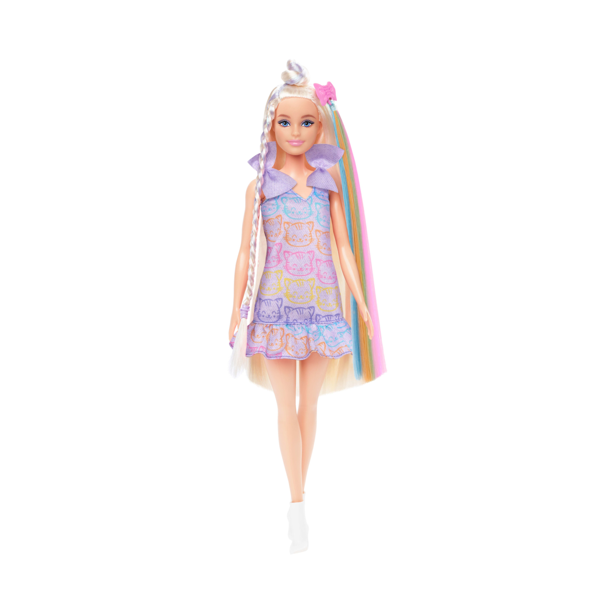 Barbie - bambola fun & fancy, con lunghissimi capelli biondi ed extension, abito metalizzato color argento - Barbie