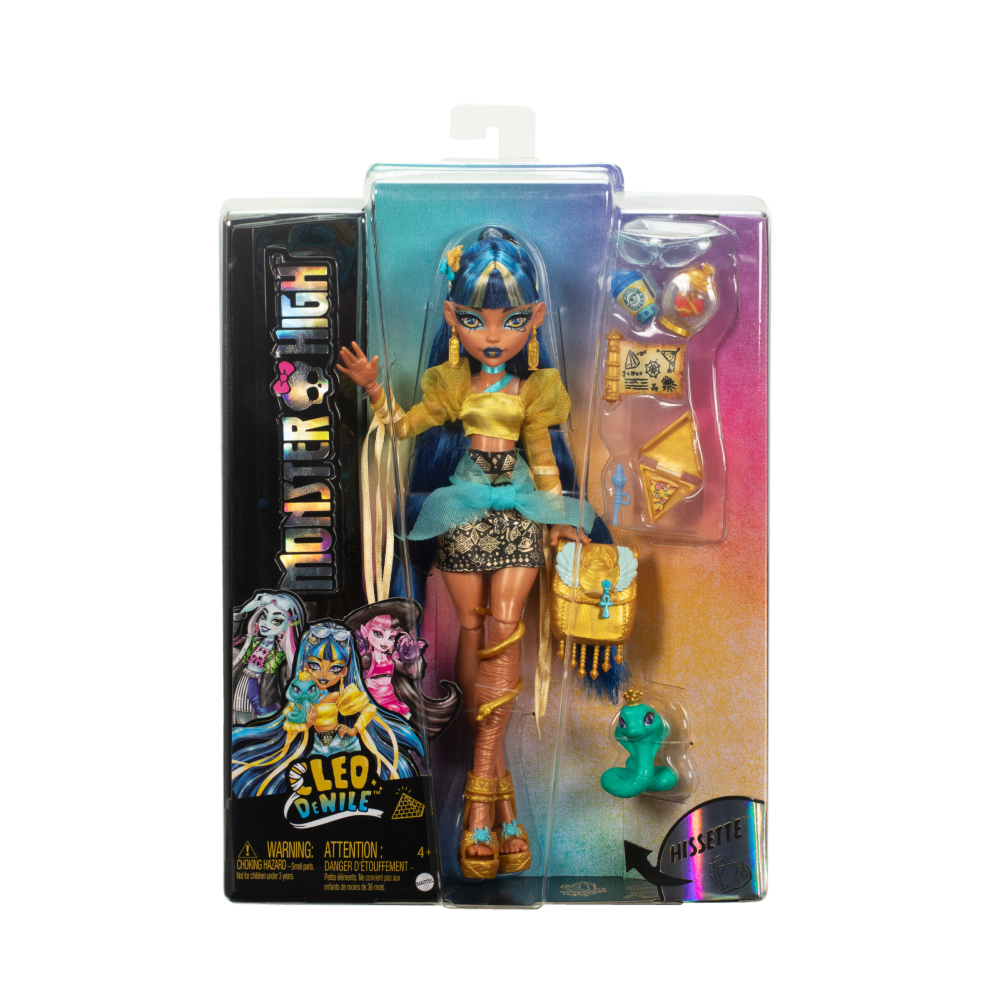 Monster high - cleo de nile, bambola con camicetta dorata e gonna a strati, cucciolo di cobra hissette e accessori - Monster High
