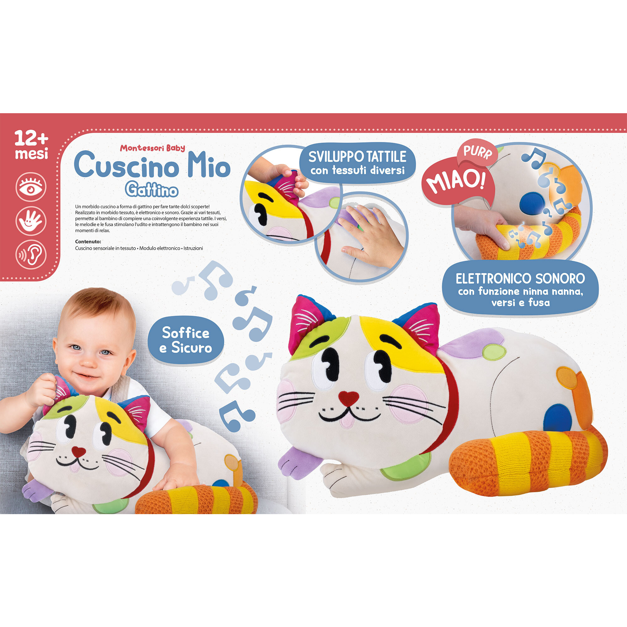 Montessori baby cuscino mio gattino – morbido cuscino sensoriale educativo - LISCIANI