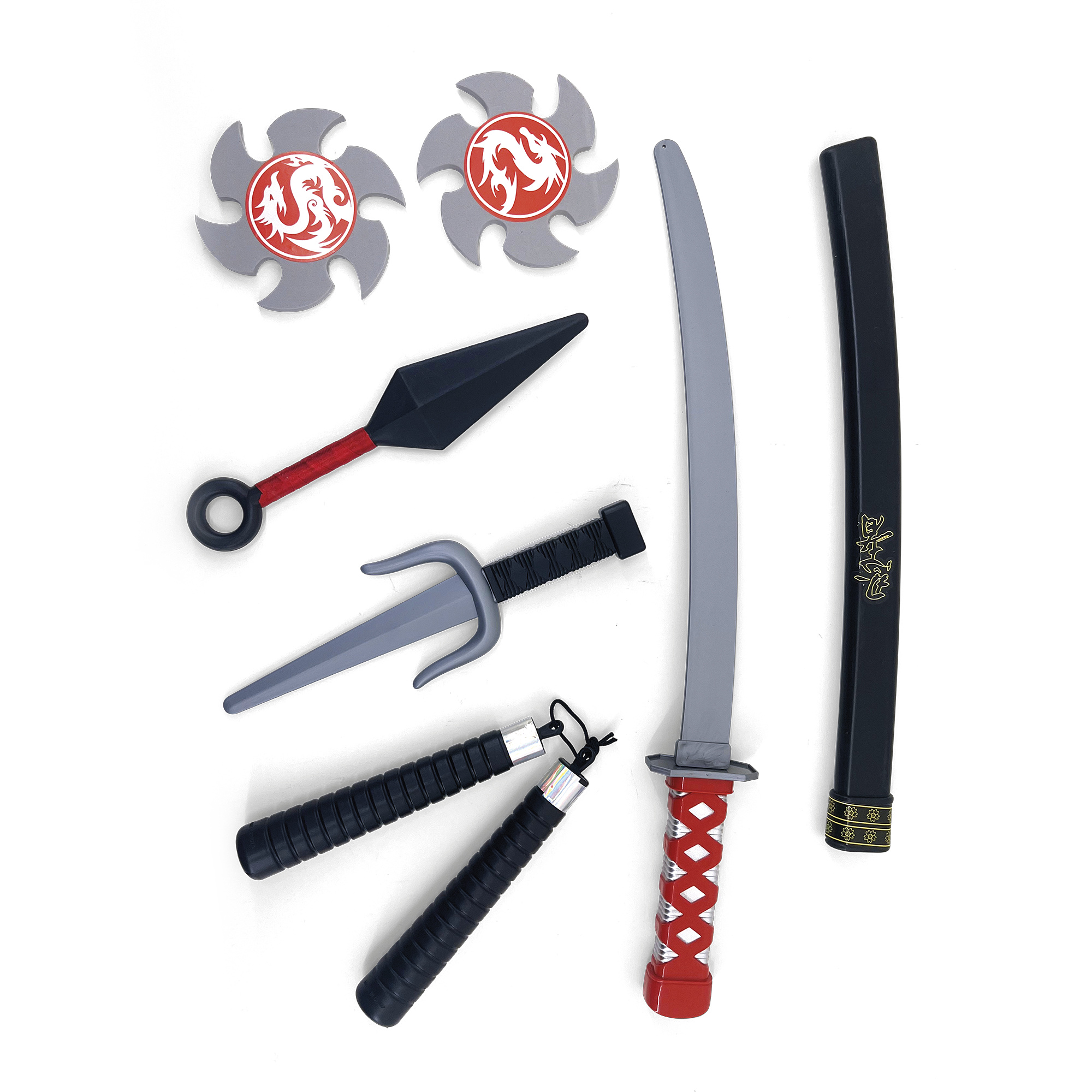 Set armi ninja giocattolo con katana, spada, nunchaku, pugnale e stelle – 6 pezzi - DB LINE