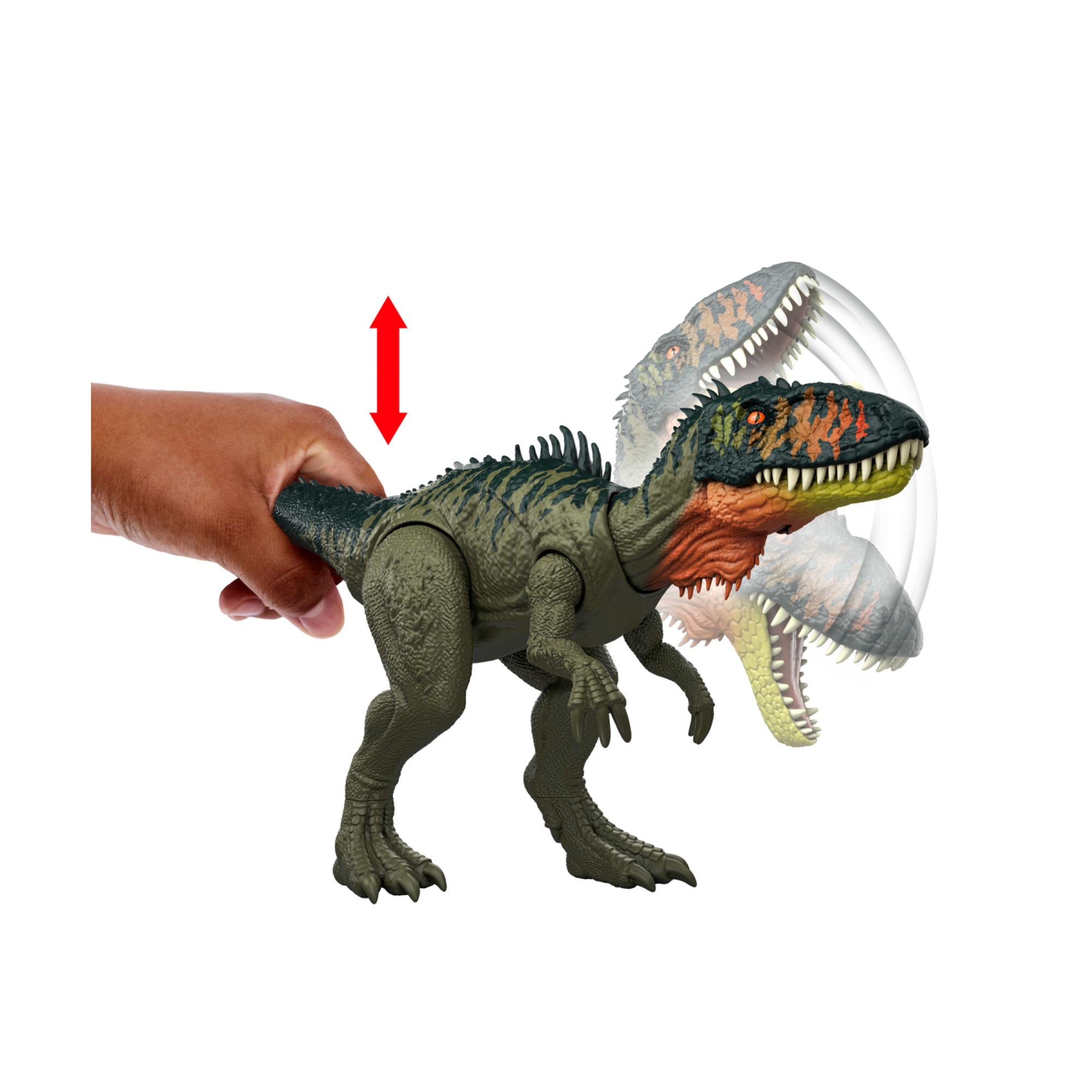 Mattel jurassic world - tirannotitano gigantic thrashers jw - dinosauro grande con 2 attacchi da coda - Jurassic World