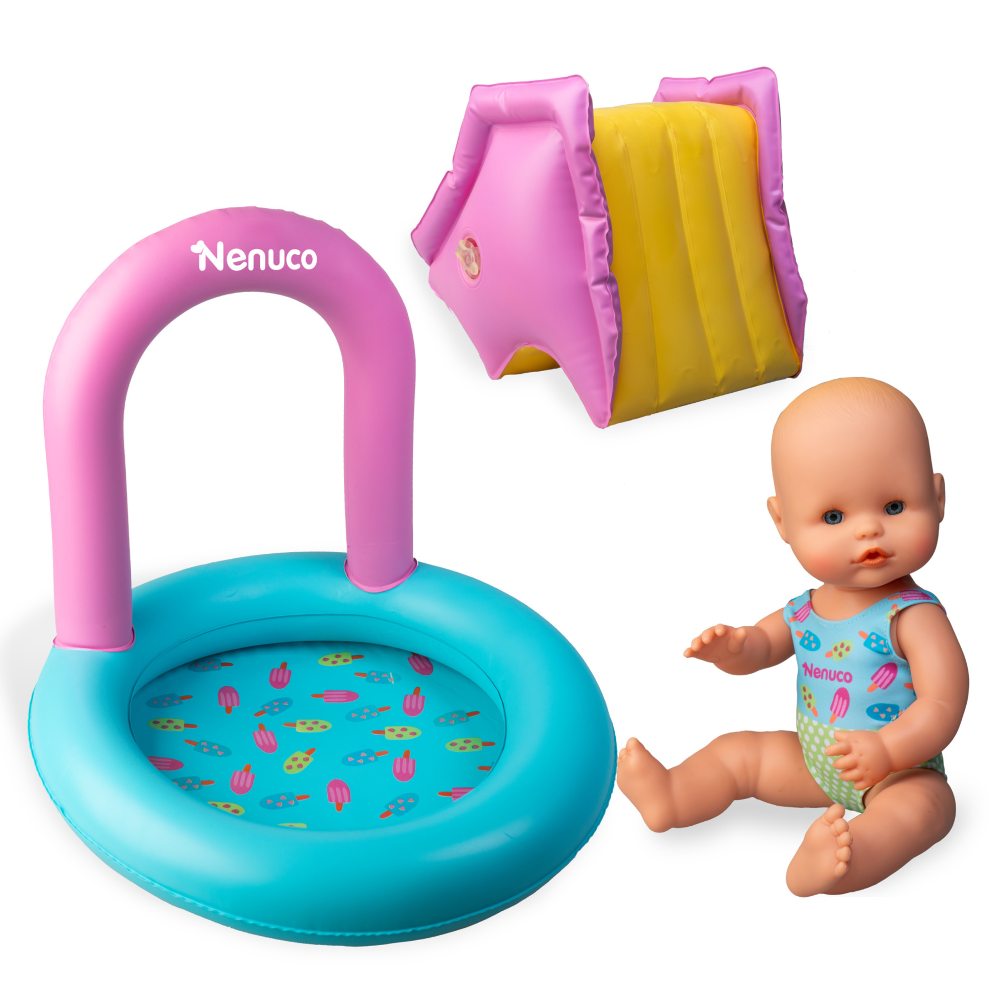 Nenuco festa in piscina, bambola nenuco 35 cm con costume colorato e piscina gonfiabile; - NENUCO