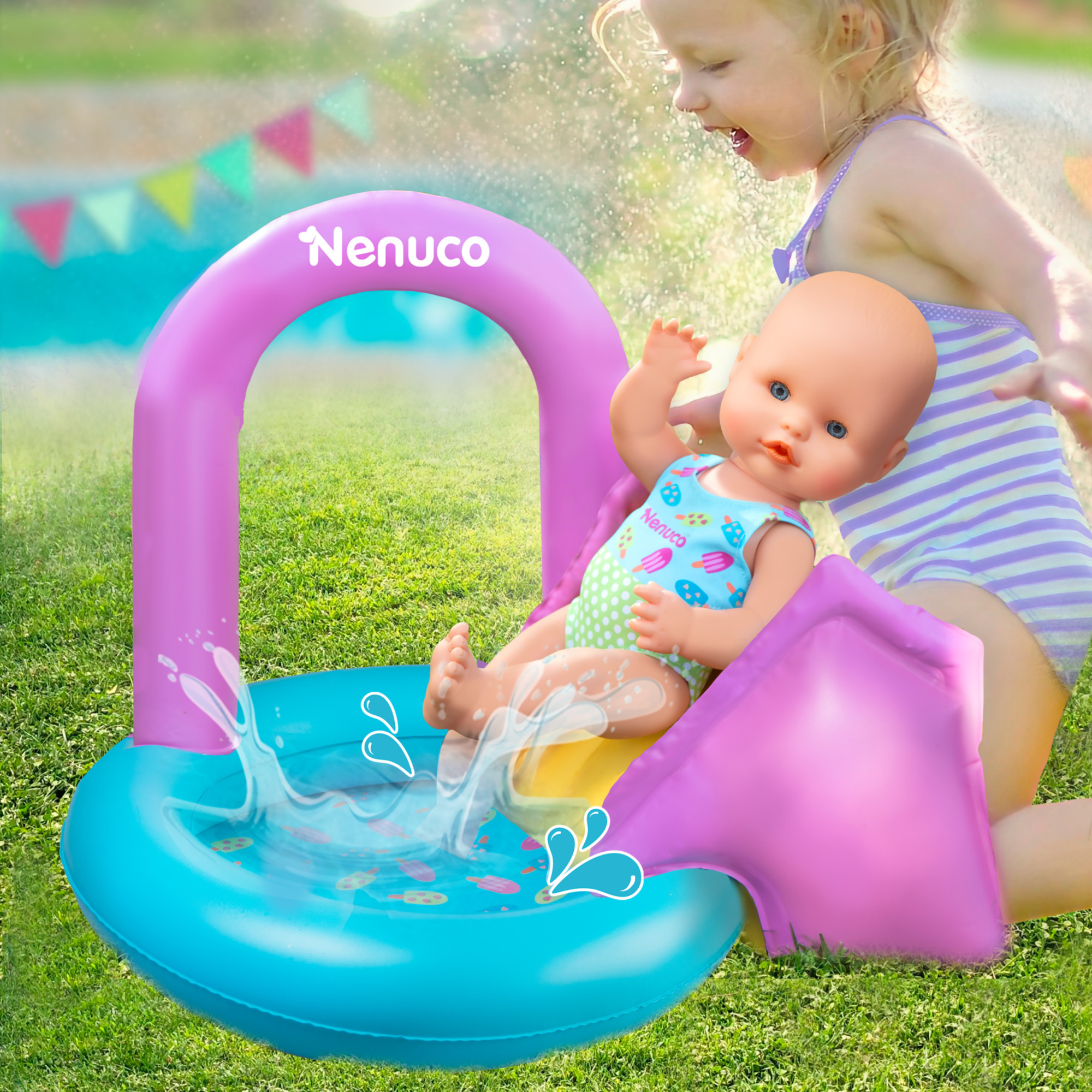 Nenuco festa in piscina, bambola nenuco 35 cm con costume colorato e piscina gonfiabile; - NENUCO