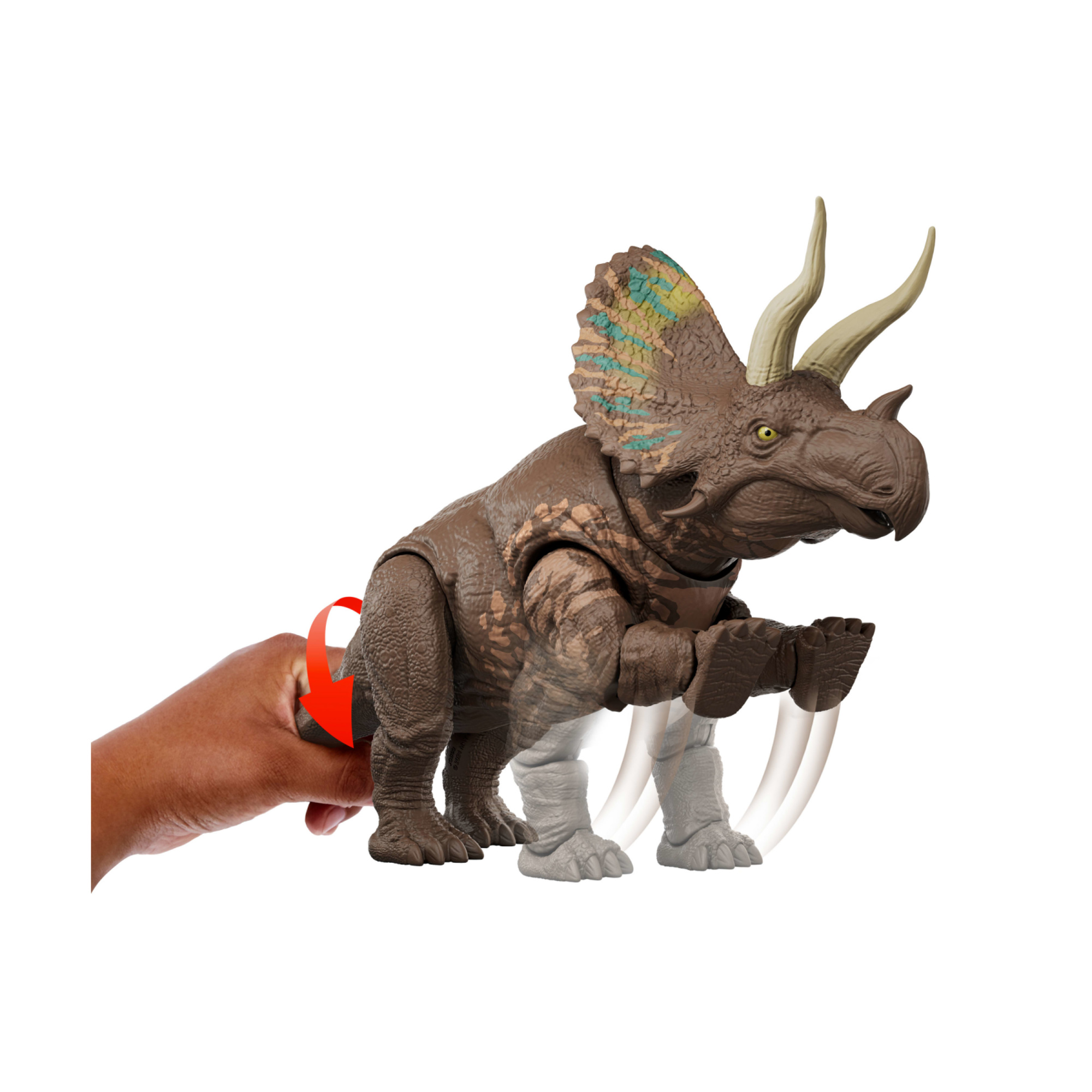 Mattel jurassic world - eotriceratopo gigantic thrashers jw - dinosauro grande con 2 attacchi da coda - Jurassic World