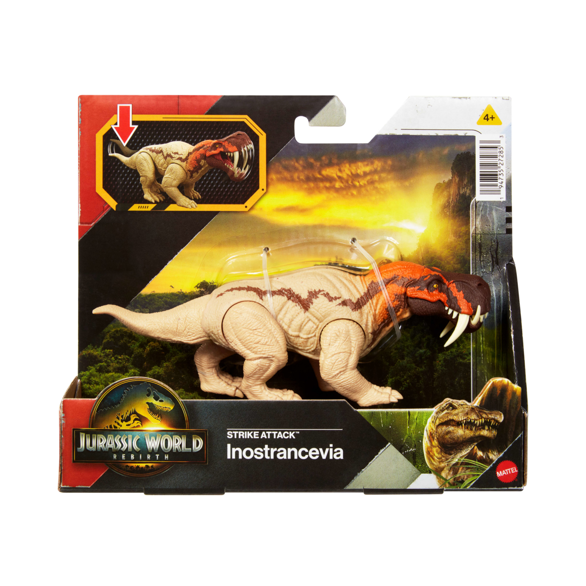 Mattel jurassic world la rinascita - inostrancevia attacco fatale, dinoasuro snodato con azione a colpo singolo inclusa, design ispirato al film - Jurassic World