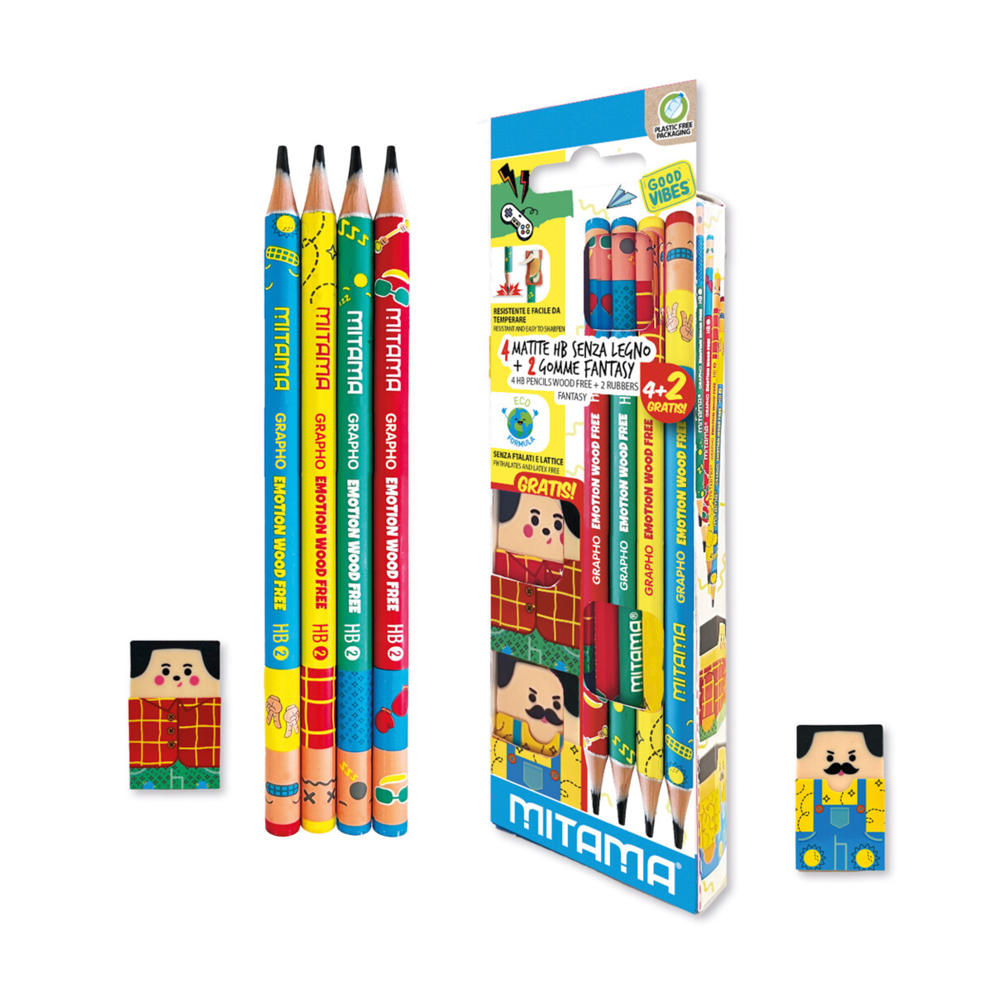 Mitama - set emoticons 4 matite + 2 gomme - pack in carta - MITAMA