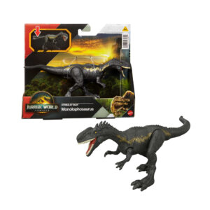 Mattel jurassic world la rinascita - monolophosaurus attacco fatale, dinoasuro snodato con azione a colpo singolo inclusa, design ispirato al film - Jurassic World